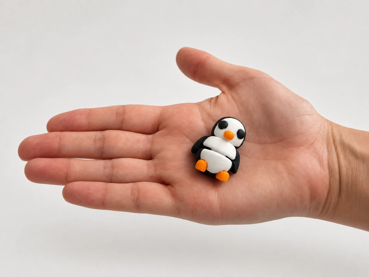 Parker (Penguin) articulated fidget resting in an open hand.