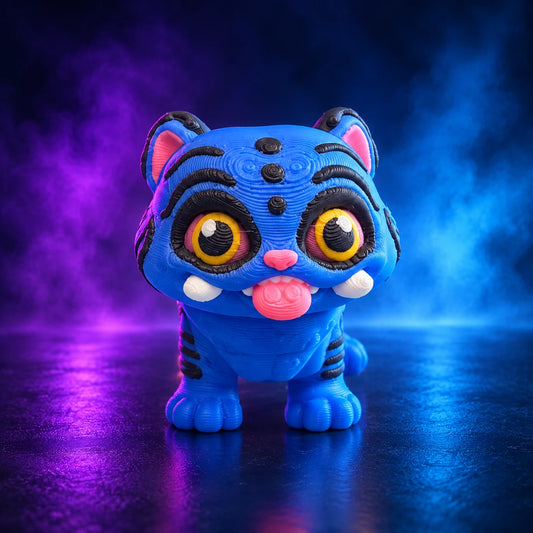 Blue Derpi Cat K-pop Demon Hunters 3D-printed figure with black stripes, yellow eyes and pink tongue on a purple and cyan studio background