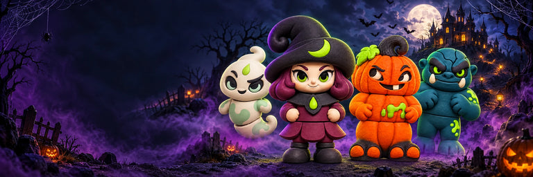 Halloween Originals concept artwork with a ghost, witch, pumpkin and ghoul beneath a full moon