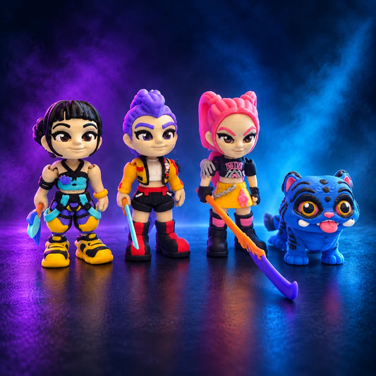 K-pop Demon Hunters complete crew bundle: Zoey, Rumi, Mira and blue Derpi Cat figures with the three weapon accessories on a purple and cyan stage