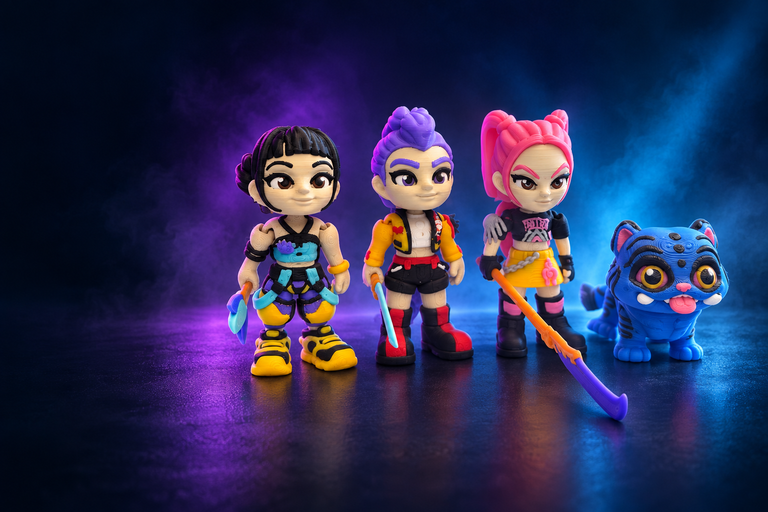 Rumi, Mira, Zoey and blue Derpi Cat figures with the three characters’ weapons