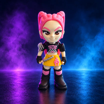 Mira K-pop Demon Hunters 3D-printed figure with pink hair, black top and yellow skirt on a purple and cyan studio background