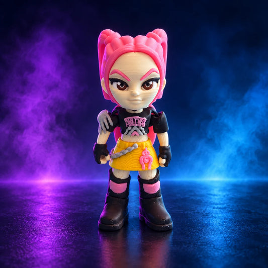 Mira K-pop Demon Hunters 3D-printed figure with pink hair, black top and yellow skirt on a purple and cyan studio background