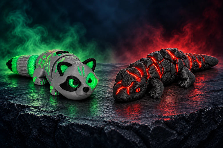 Radioactive Raccoon with green glow details beside Lava Lizard with red glow details on volcanic slate