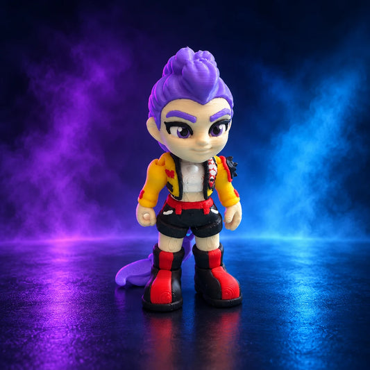 Rumi K-pop Demon Hunters 3D-printed figure with purple hair, yellow jacket and red boots on a purple and cyan studio background