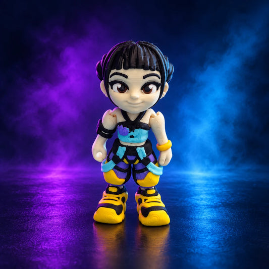 Zoey K-pop Demon Hunters 3D-printed figure with black hair, turquoise outfit details and yellow trainers on a purple and cyan studio background